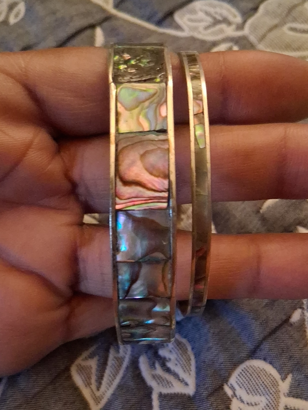 Abalone Inlay Sterling Silver Bangle Bracelet Set - Iridescent Shell